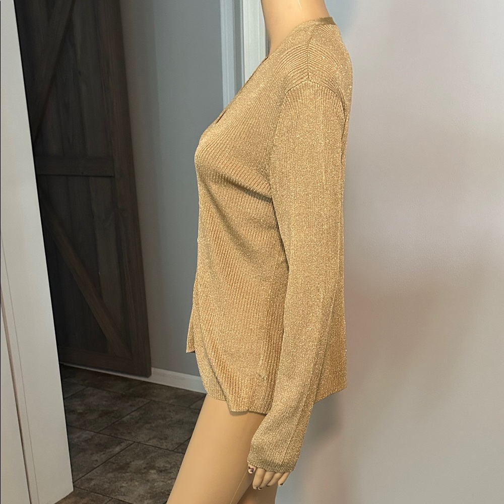 Lauren Ralph Lauren Vintage  Gold Metallic V-Neck Button-Up Women's Sweater - Picture 3 of 8